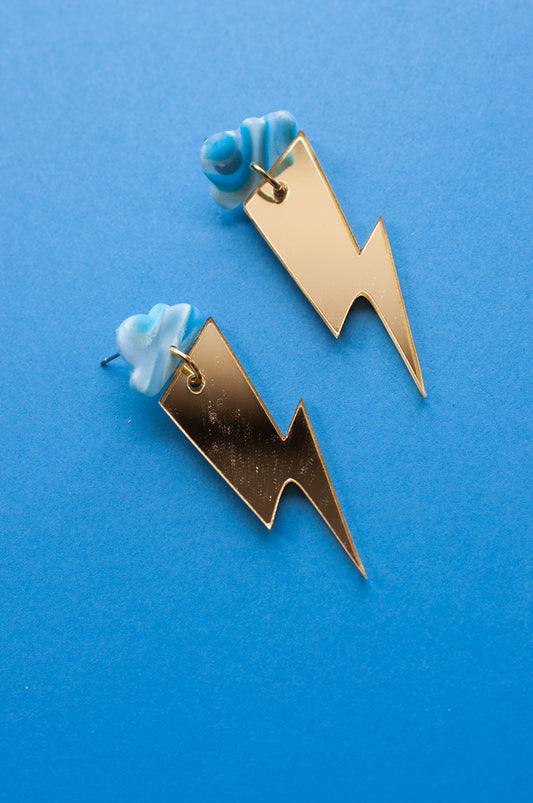 Blue Cloud Mirrored Gold Lightning Bolts
