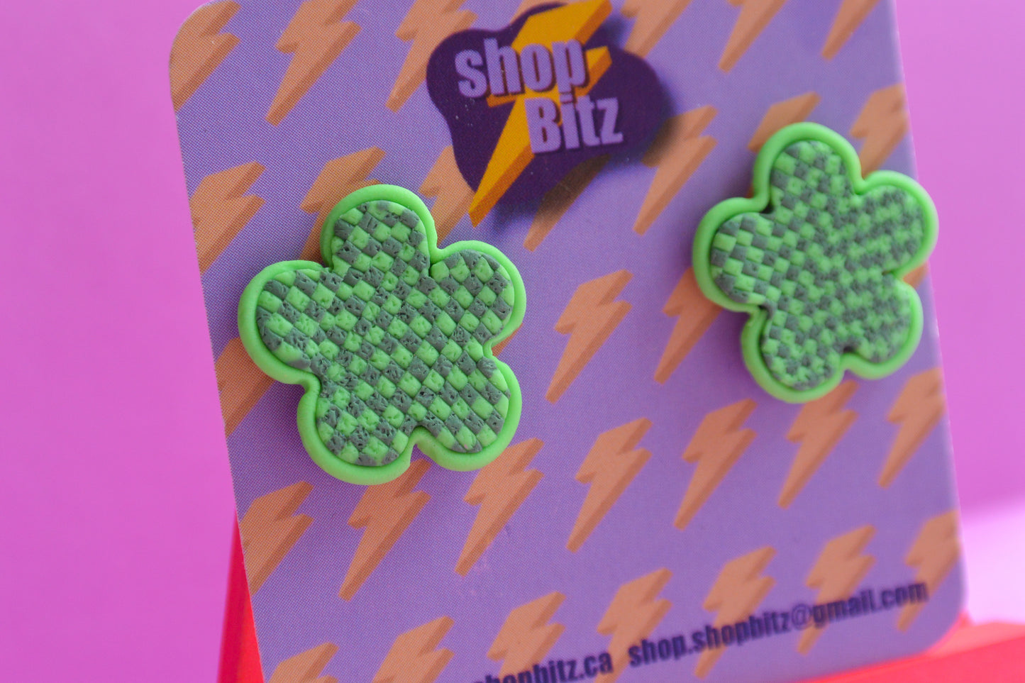 Green Gingham Flower Studs