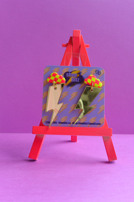 Checkered Cloud Mirrored Gold Lightning Bolts